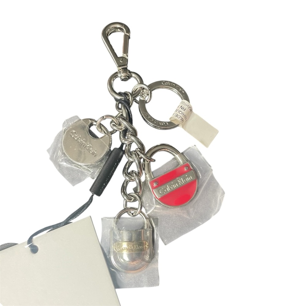 Calvin Klein Silver and Red Lock Charm Metal Keychain